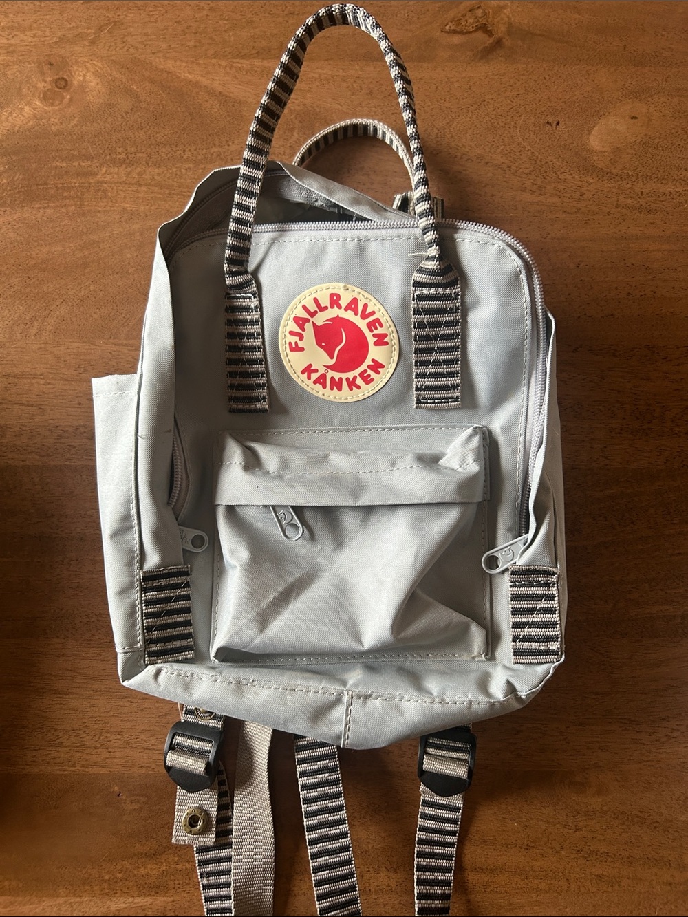 Fjallraven Kanken Mini Backpack in Light Gray with Red Logo